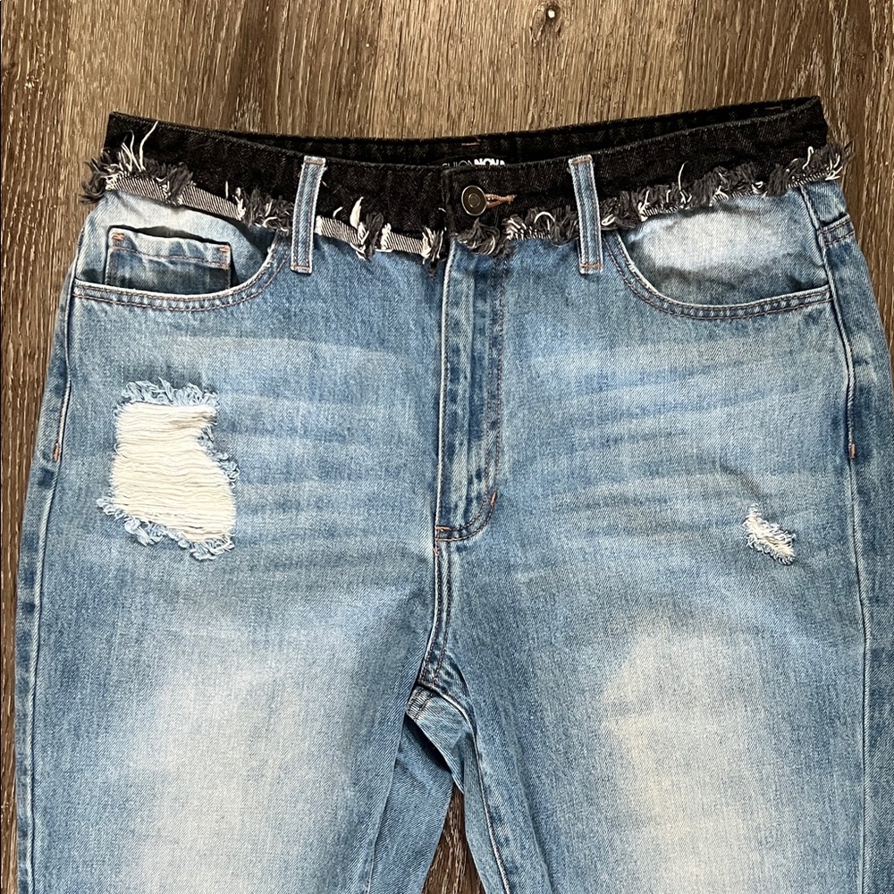 Fashion Nova Light Blue Denim Jeans with Black Waistband - Picture 3 of 9